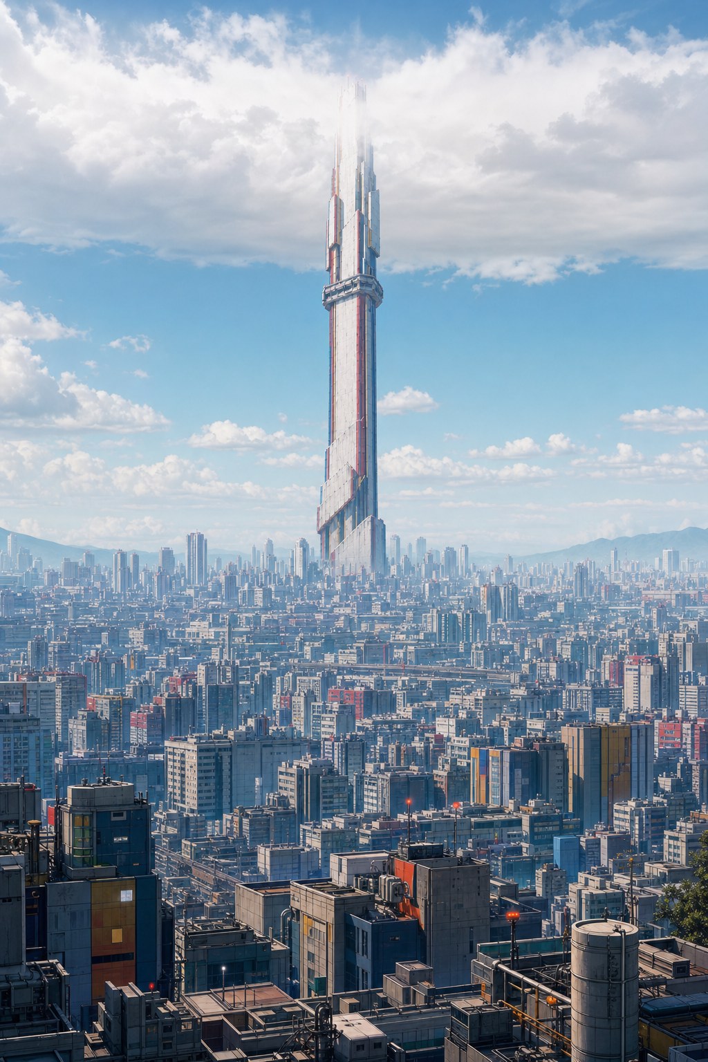 안개에 가려진 타워 너머 끝없이 이어지는 도시 풍경